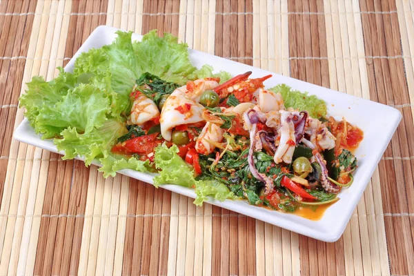 Fried chicken mixed vegetables served with fried spicy squid  mi — Stock Photo, Image