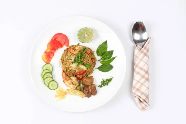 Fried jasmine rice in green curry with mixed meat. — Stock Photo, Image
