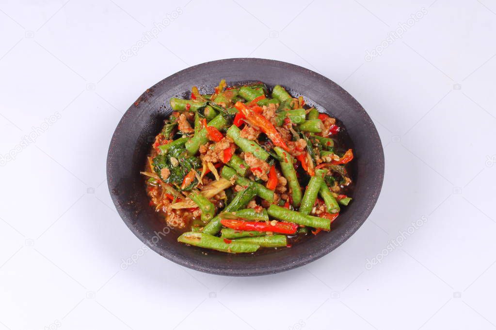 Spicy fried cowpea with minced pork call Pad Ped Tua.