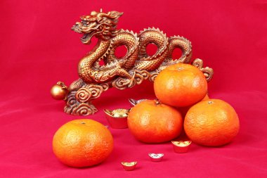 Golden orange with golden dragon and silver celebrate the blessi clipart