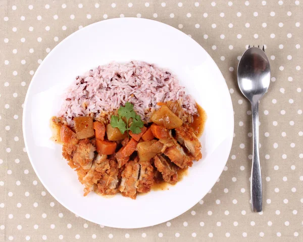 Arroz integral con pollo cubierto con curry amarillo japonés . — Foto de Stock