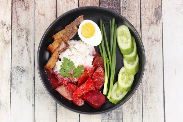 Jasmine rice with meat and boiled egg topped red sweet sauce . — Stock Photo, Image