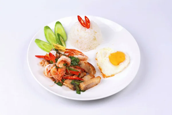 Jasmine rice topped stir - fried spicy basil with meat. — Stock Photo, Image