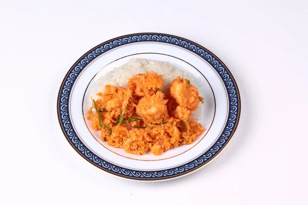 Arroz pegajoso con coco rallado frito, camarones — Foto de Stock