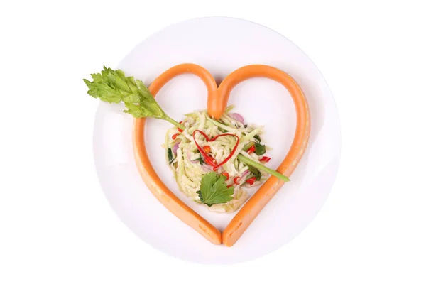 Sausage cheese in heart style with spicy green mango salad. — Stock Photo, Image