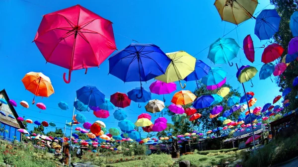 Širokoúhlý pohled na barevné deštníky jsou zavěšeny tak, aby vypadaly krásně — Stock fotografie