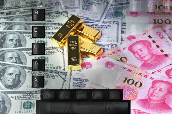 Teclado Sobreposto Dólares Notas Yuan Banknote Notas Chinesas Espalham Duplamente — Fotografia de Stock