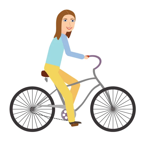 Счастливая молодая женщина на велосипеде изолированы на белом фоне. Плоский стиль — стоковый вектор