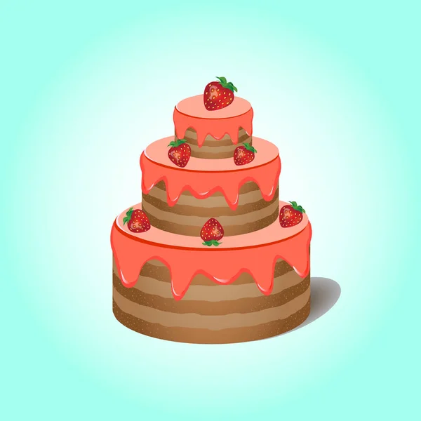 三层蛋糕奶油和草莓在蓝色背景 — 图库矢量图片