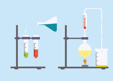 Düz tasarım vektör illüstrasyon kavramı kimya deney. Kimya laboratuvar çalışma alanı.