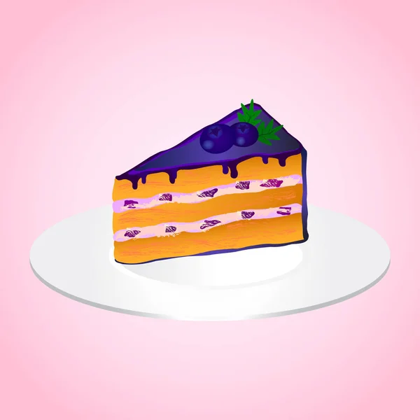Pedazo de pastel de arándano en el plato sobre fondo rosa — Vector de stock