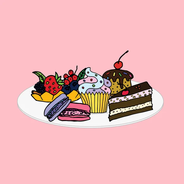 Plaka farklı kek ile. Elle çizilmiş kek