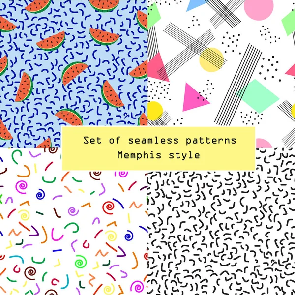 Geometrik öğelerle 4 Dikişsiz desen seti. Memphis tarzı desen. Desen posterler, kartpostallar, kumaş veya ambalaj kağıt için uygundur