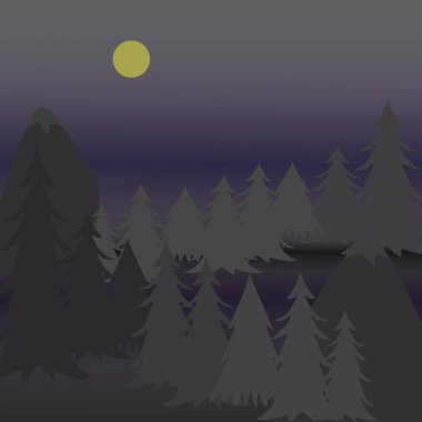 Vektör çizim çam ağaçları gece engebeli dağda