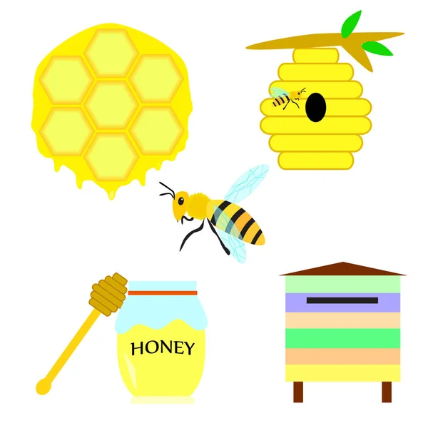 Bee och honung Ikonuppsättning. Vektorillustration — Stock vektor
