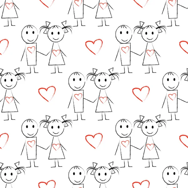 El ile Seamless Modeli çift kırmızı kalpler ile çizilmiş. Sevgililer günü kavramı. Şirin çift aşık