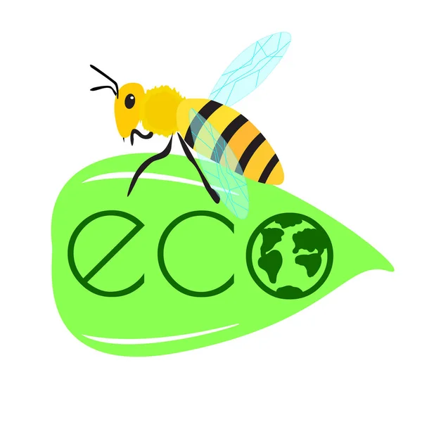Etichetta ecologica con foglia verde e ape up. Concetto ecologico — Vettoriale Stock