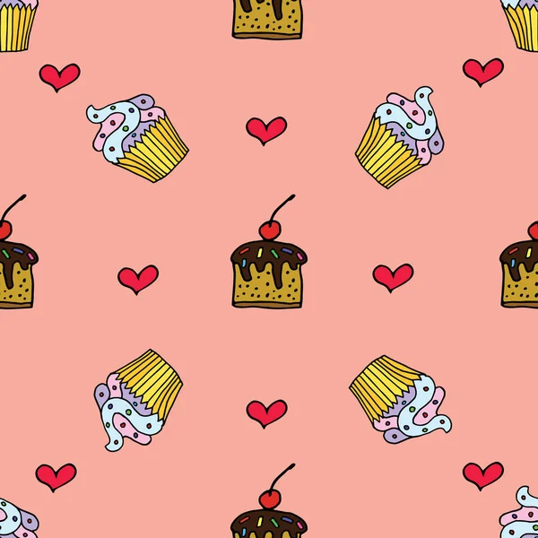İle Seamless Modeli el çekilmiş cupcakes ve kalpler