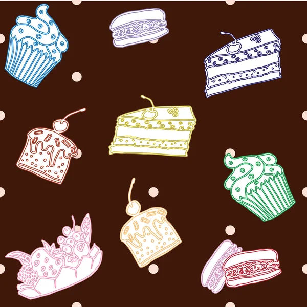 Patrón sin costuras con pasteles dibujados a mano, cupcakes — Vector de stock