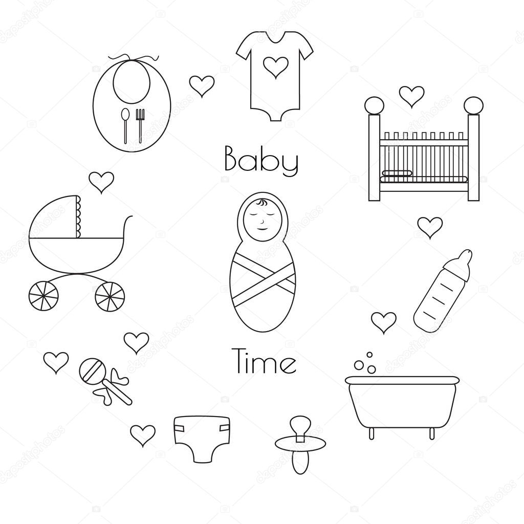 Set of baby icons. Supplies for newborn.