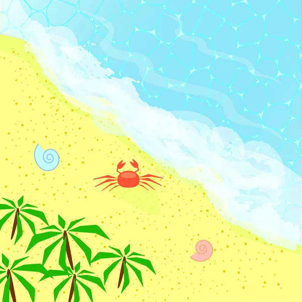 Vue sur la plage avec océan, palmiers et crabes. Concept de vacances en mer. Ile paradisiaque pour les vacances . — Image vectorielle