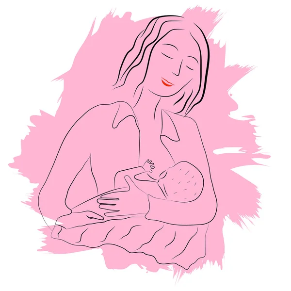 Giovane madre che tiene il suo bambino appena nato tra le braccia che allatta su sfondo rosa — Vettoriale Stock