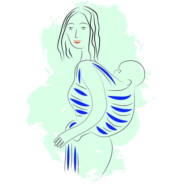 Çocuk geri bir bebek askı içinde olan genç bir kadın. Vektör çizim karikatür tarzı Sarı zemin üzerine.