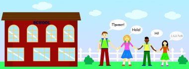 Uluslararası okul afiş. Okul bahçesinde farklı ülkeden çocuklu.