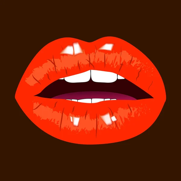 Labios rojos sobre fondo oscuro. Maquillaje de labios de belleza. Boca abierta sensual. lápiz labial o brillo de labios — Vector de stock