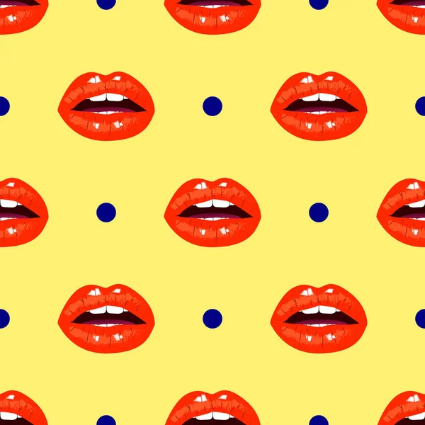 Seamless pattern with red lips and dots on yellow background. — Stock Vector