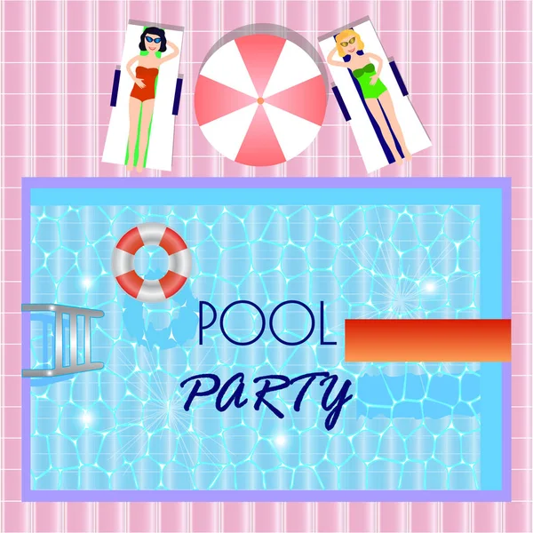 Bilardo, en iyi manzaralı yeni yıl eğlencesi daveti şezlong, vektör çizim döşeme kızlar havuz. Havuz partisi el ilanı. Parti için vektör poster