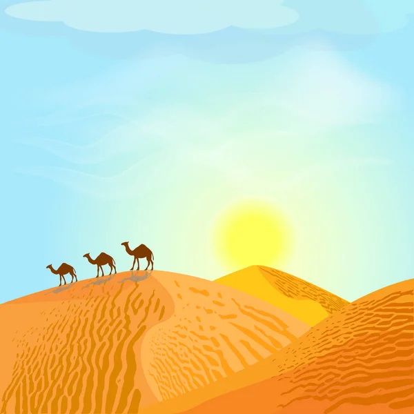 Deserto com dunas e camelos. Pôr do sol no céu azul. Paisagem do deserto. Ilustração vetorial — Vetor de Stock