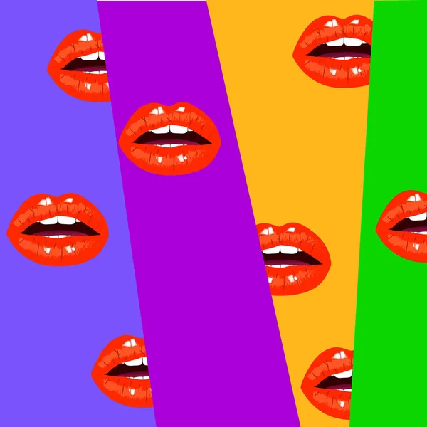 Moderne achtergrond met open mond. Rode sexy lippen. Mooie lippen van een vrouw met rode lippenstift en gloss — Stockvector