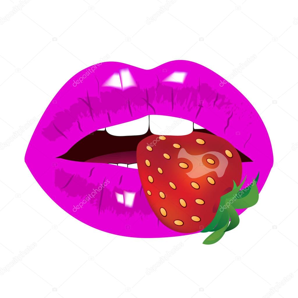 Woman pink lips with strawberry. Vector illustration