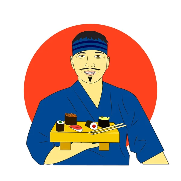 Glimlachend Aziatische chef-kok met sushi met Japanse vlag terug. — Stockvector