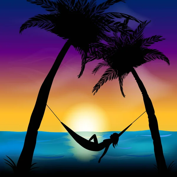 Vector illustration of silhouettes of palm trees and a woman in a hammock on a background sunset. Tropical vacation — Stock Vector