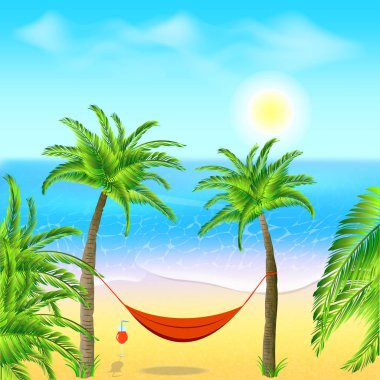 Hamak plajda palmiye ağaçları ile. Hamak yakınındaki kokteyl. Okyanus ile tropikal arka plan. Vektör çizim.