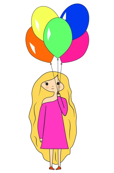 Милая маленькая мультяшная девочка с шариками. Девушка с длинными волосами в розовом платье. Векторная иллюстрация — стоковый вектор