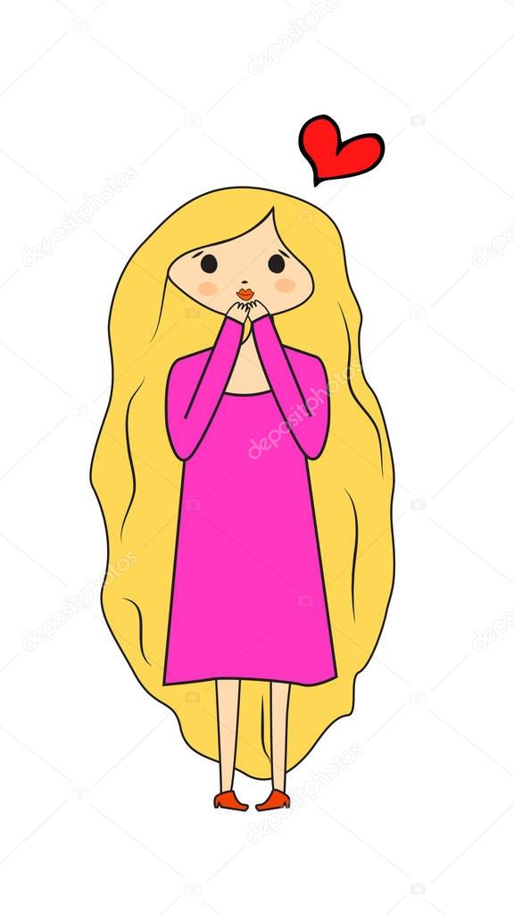 Cute little cartoon girl sending kiss. Girl with long hair in pink dress.