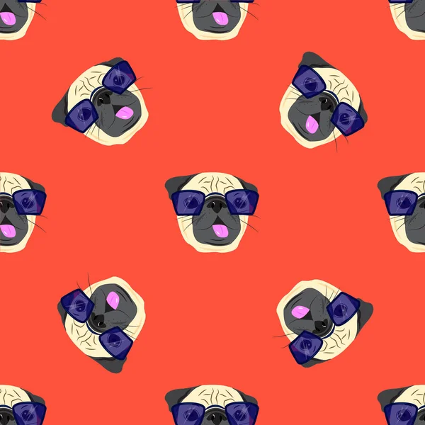 Patrón sin costuras con perrito en gafas sobre fondo rojo. Perro Pug . — Archivo Imágenes Vectoriales