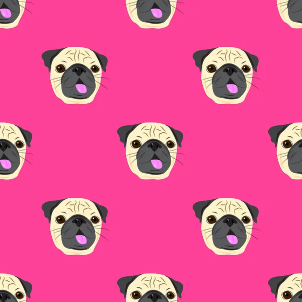 분홍색 배경에 pug 강아지의 얼굴 완벽 한 패턴입니다. 재미 있는 사자 얼굴 — 스톡 벡터