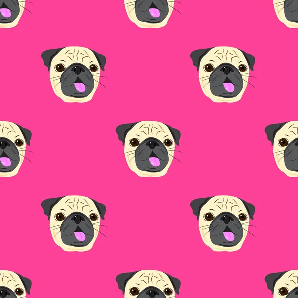 Pug köpek pembe bir arka plan üzerinde yüzü ile Seamless modeli. Komik pug yüz