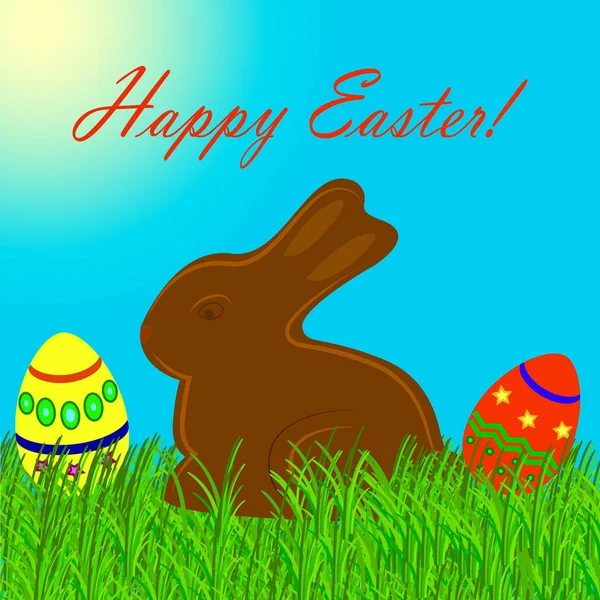 Conejo de Pascua de chocolate en la hierba con huevos de Pascua — Vector de stock