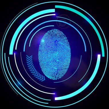 Soyut teknolojik altyapı. Güvenlik sistemi kavramı koyu mavi zemin üzerine parmak izi ile. Vektör çizim