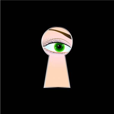Female eye looking through a keyhole, black background. Vector illustration