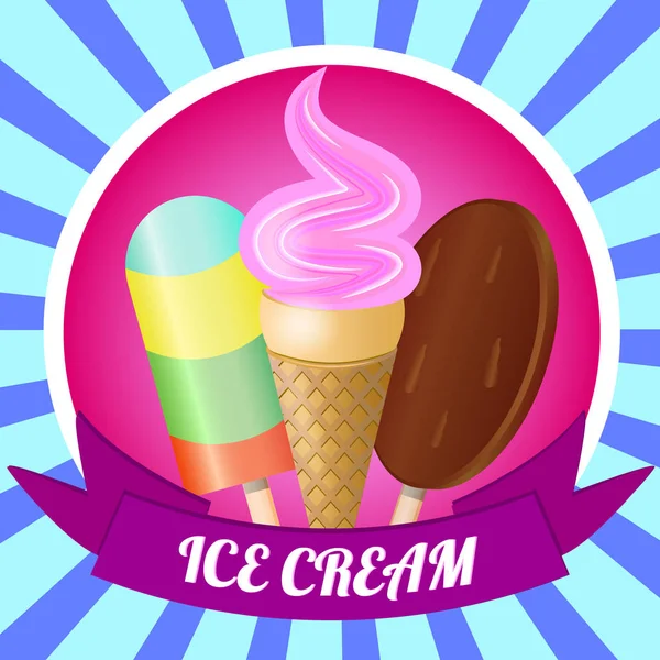 Ice cream logo s mašlí na pozadí modré hvězdice. Kužel zmrzliny, chocolae zmrzlina, ovoce zmrzlina — Stockový vektor