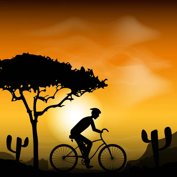 Велоспорт. Велосипедист с закатом. Пустынный пейзаж. Векторная иллюстрация — стоковый вектор