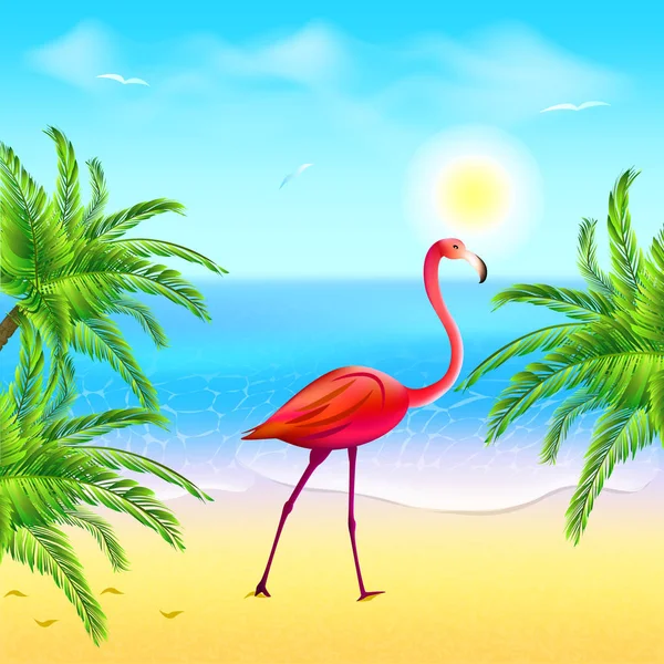 Plameňák na pláži pod palmami proti oblohy a moře — Stockový vektor