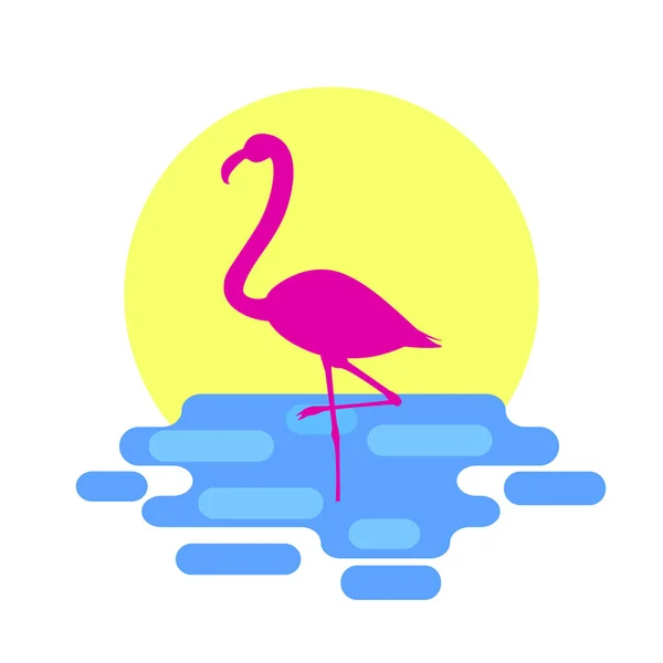 Arka plan üzerinde gün batımı ile denizde pembe flamingo ayakta. Düz stil, vektör çizim