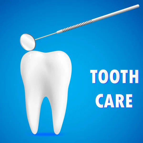 Čisté bílé zuby a zubní lékařství zrcadlo na modrém pozadí. Zubní péče koncept. Realistické zub. Vektorové ilustrace — Stockový vektor